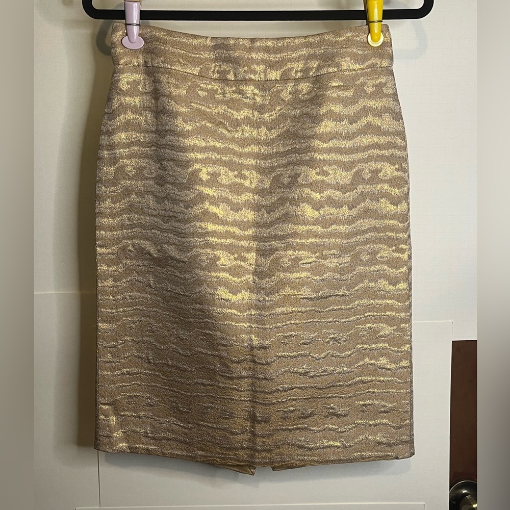 J Crew Women’s (Tag 2, Waist 28) Tan & Gold Silk Blend Pencil Skirt